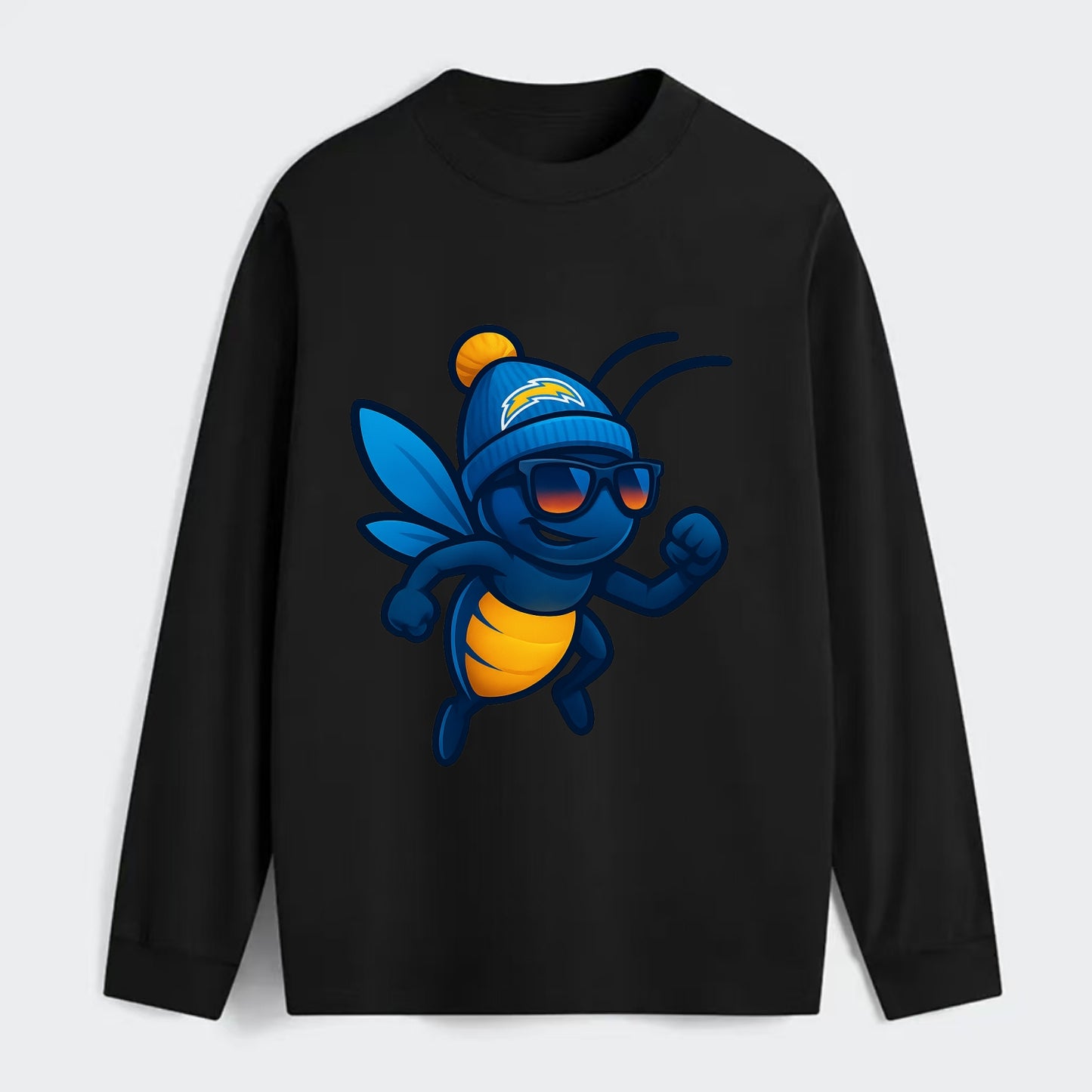 LA Lightning Bug wearing Chargers powder blue and gold beanie with pom - Classic Long Sleeve Shirt - Black