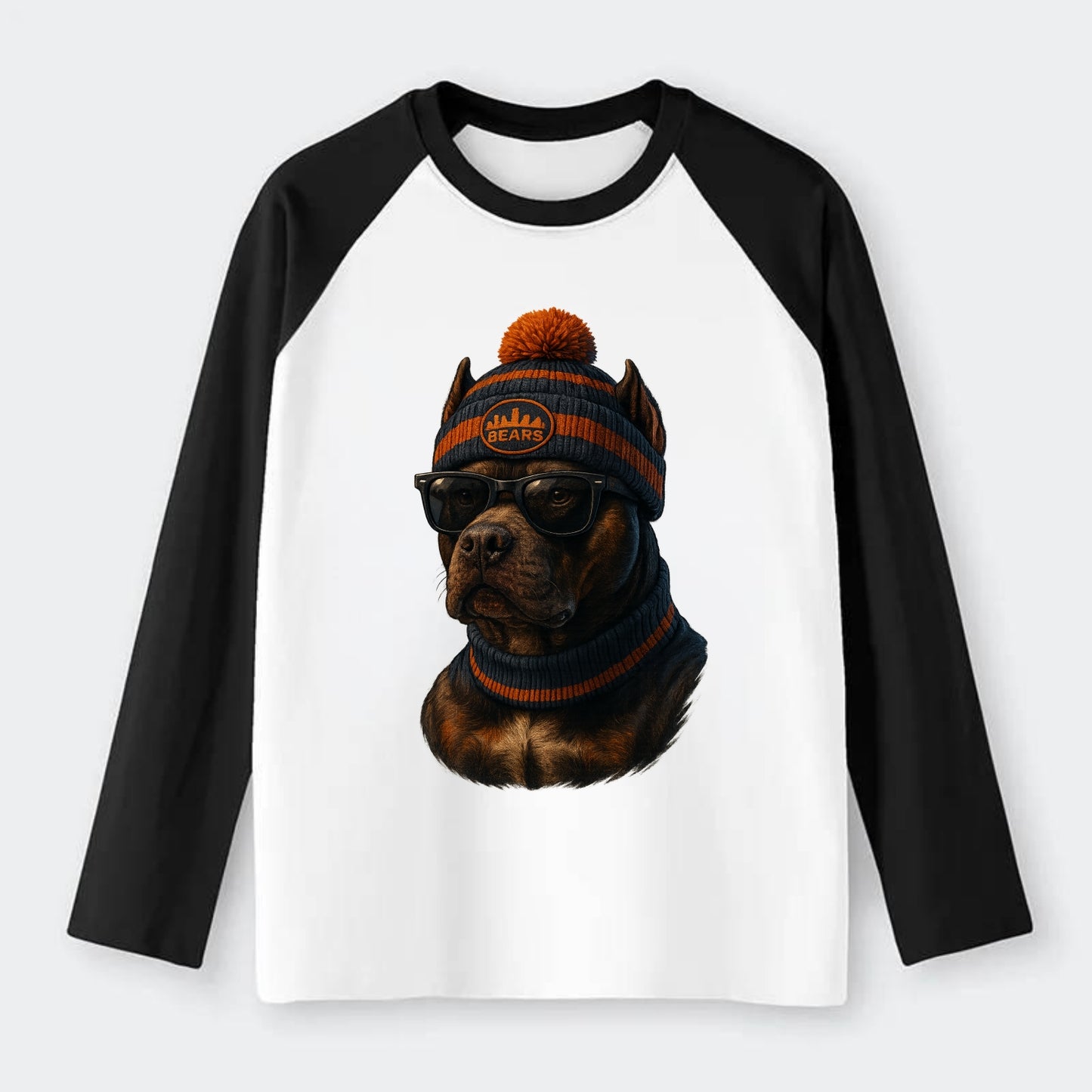 Chicago Pitbull wearing Bears beanie with skyline patch and wayfarer - Raglan Long Sleeve T-Shirt - Black