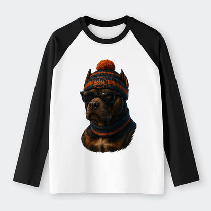 Chicago Pitbull wearing Bears beanie with skyline patch and wayfarer - Raglan Long Sleeve T-Shirt - Black