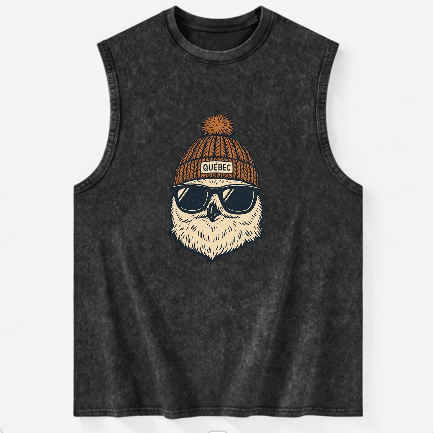 Quebec City Snowy Owl wearing Quebec beanie with pom pom and wayfarer - Vintage Washed Tank - Black