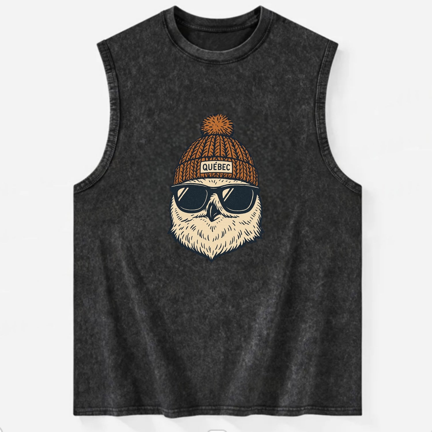 Quebec City Snowy Owl wearing Quebec beanie with pom pom and wayfarer - Vintage Washed Tank - Black