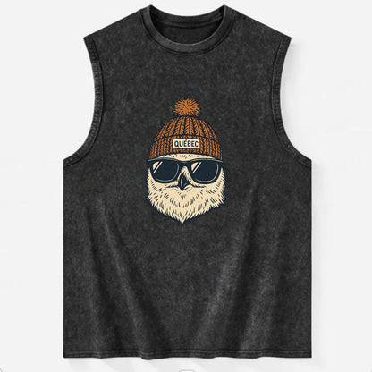Quebec City Snowy Owl wearing Quebec beanie with pom pom and wayfarer - Vintage Washed Tank - Black