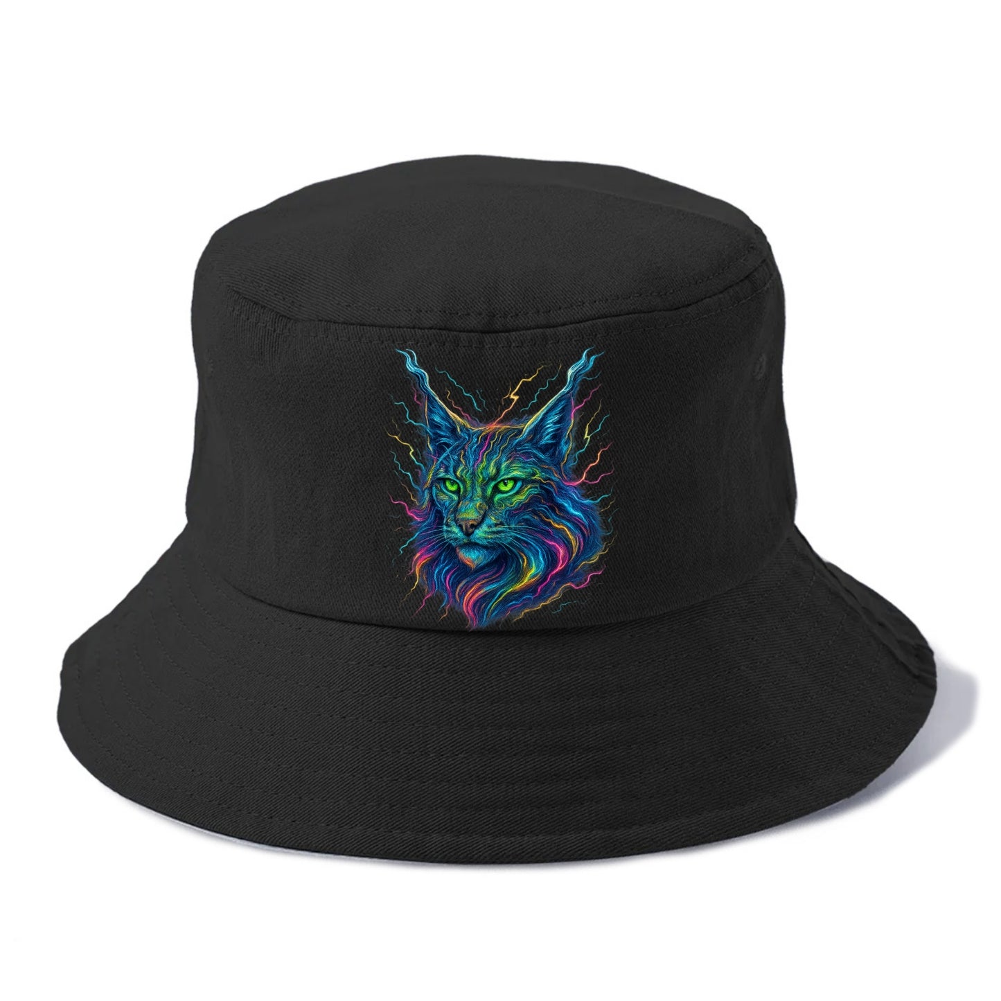 Wild lynx with ear tufts transforming into liquid mercury flows, silver and gold - Bucket Hat - Black