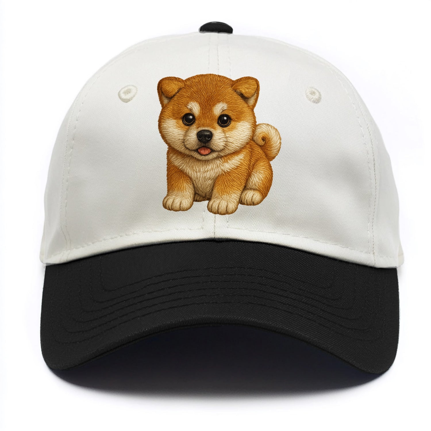 Baby Akita Puppy - fluffy bear-like, curled tail, dignified eyes, front-facing, - Two Tone Cap - Black