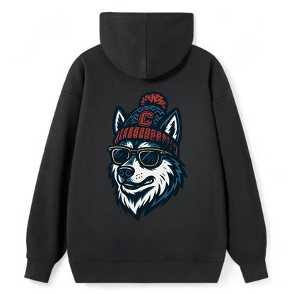 Storrs Husky wearing UConn beanie with C patch - Classic Pullover Hoodie - Black