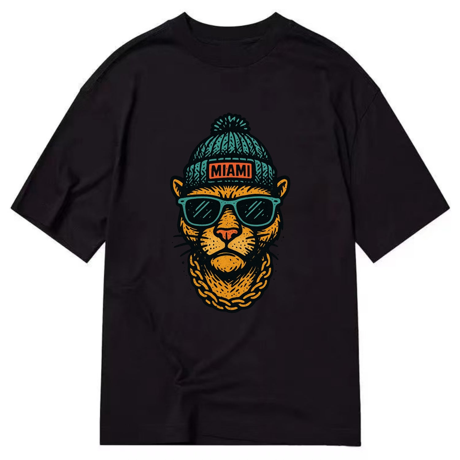 Florida Panther wearing Miami beanie with pom pom and wayfarer sunglasses - Classic T-shirt - Black