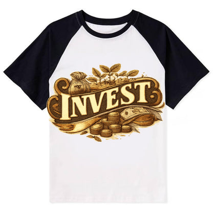 Bold typography design - "INVEST" - growing money, smart decisions - Contrast Raglan T-shirt - Black