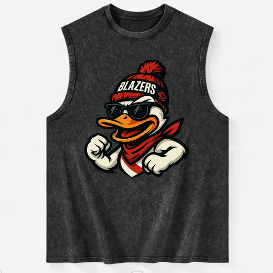 Oregon Duck wearing Trail Blazers beanie with rose patch and wayfarer - Vintage Washed Tank - Black