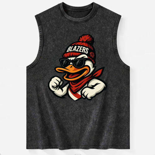 Oregon Duck wearing Trail Blazers beanie with rose patch and wayfarer - Vintage Washed Tank