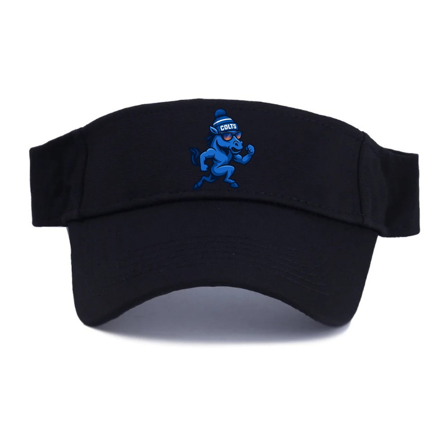 Indianapolis Colt Horse wearing Colts blue and white beanie with pom pom and wayfarer - Visor - Black