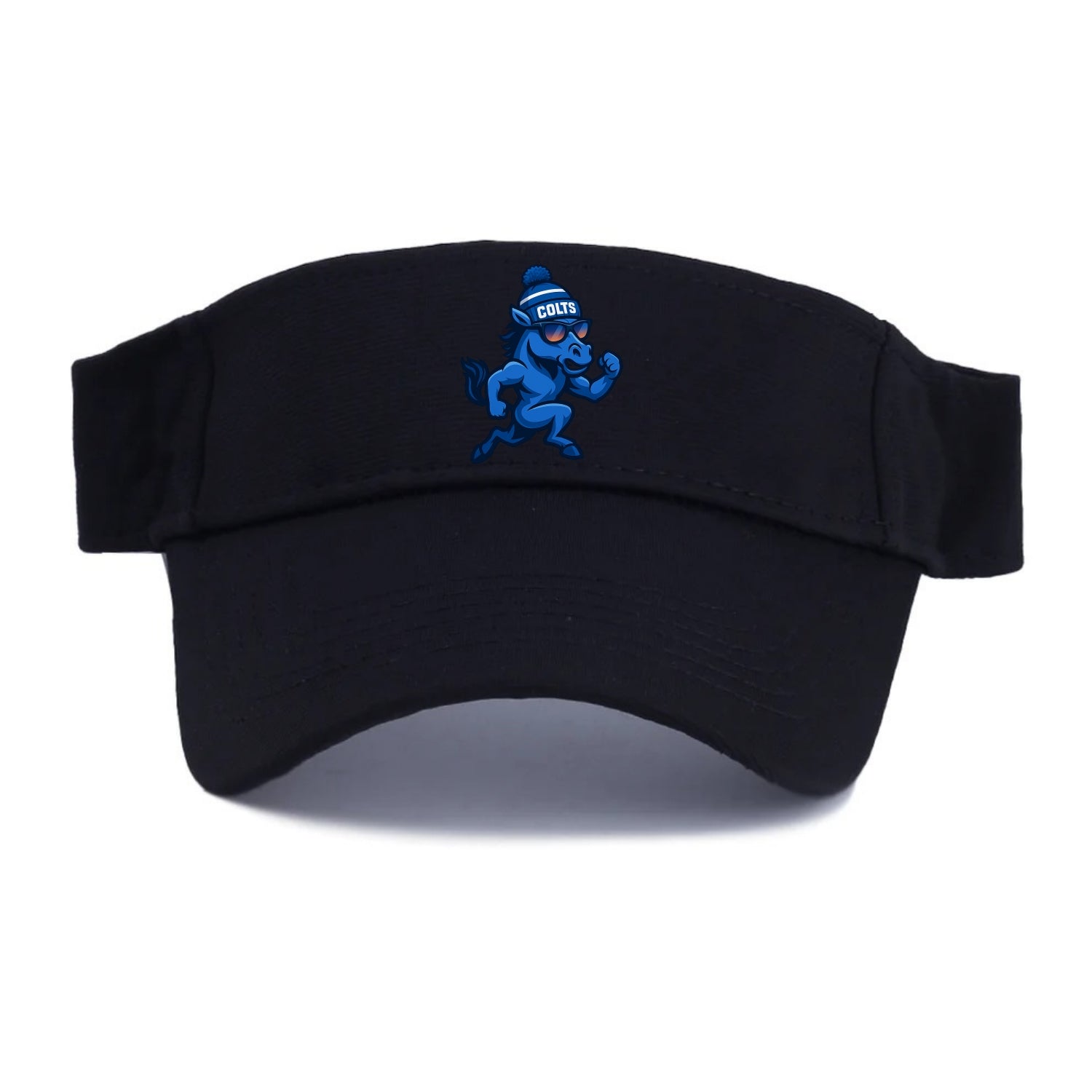 Indianapolis Colt Horse wearing Colts blue and white beanie with pom pom and wayfarer - Visor - Black