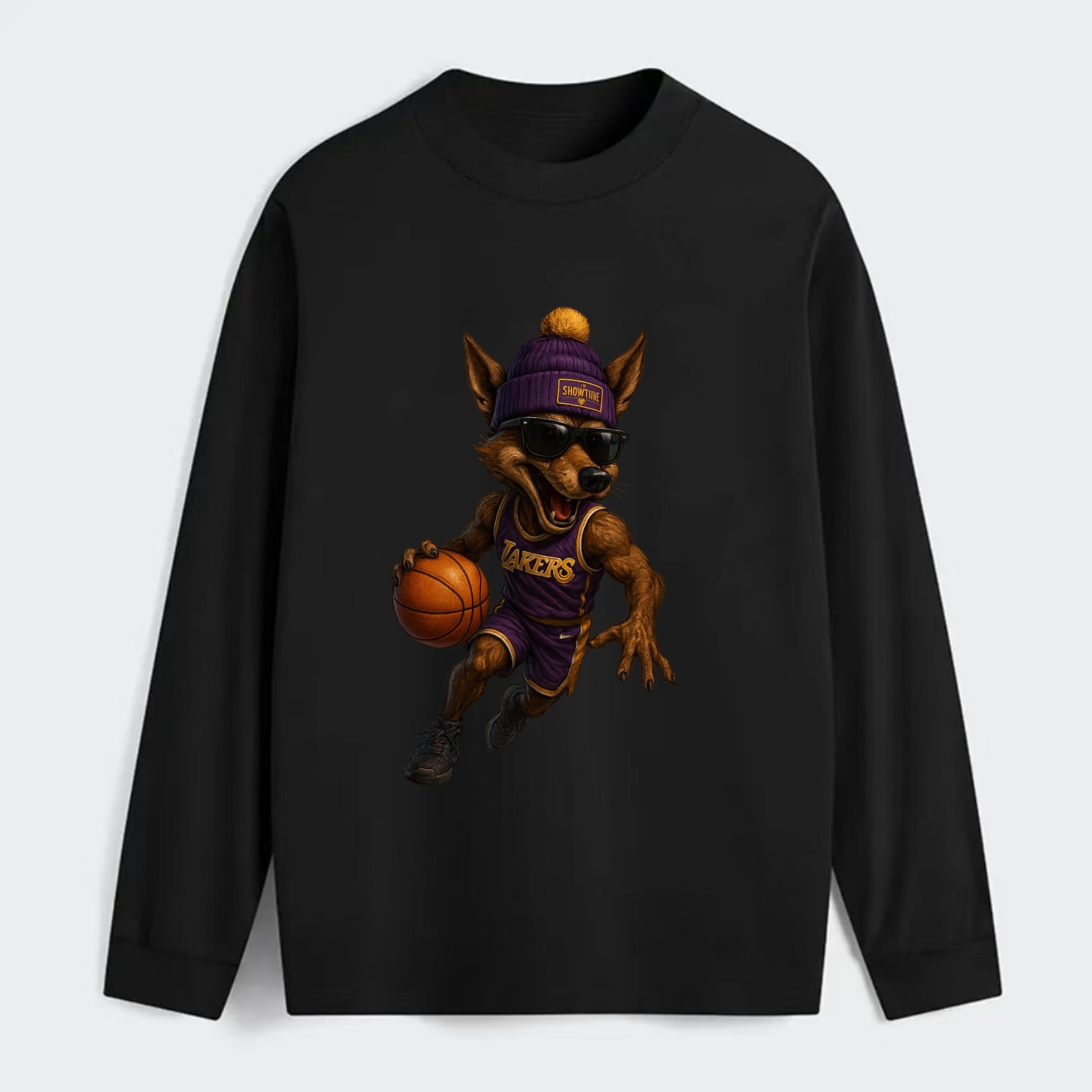 Hollywood Coyote wearing Lakers beanie with Showtime patch and wayfarer - Classic Long Sleeve Shirt - Black