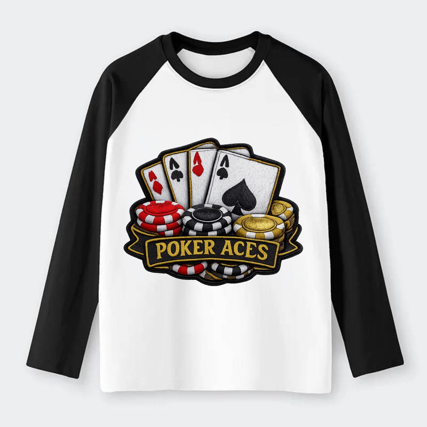 Embroidered patch design - POKER ACES - four aces with chips in red, - Raglan Long Sleeve T-Shirt - Black