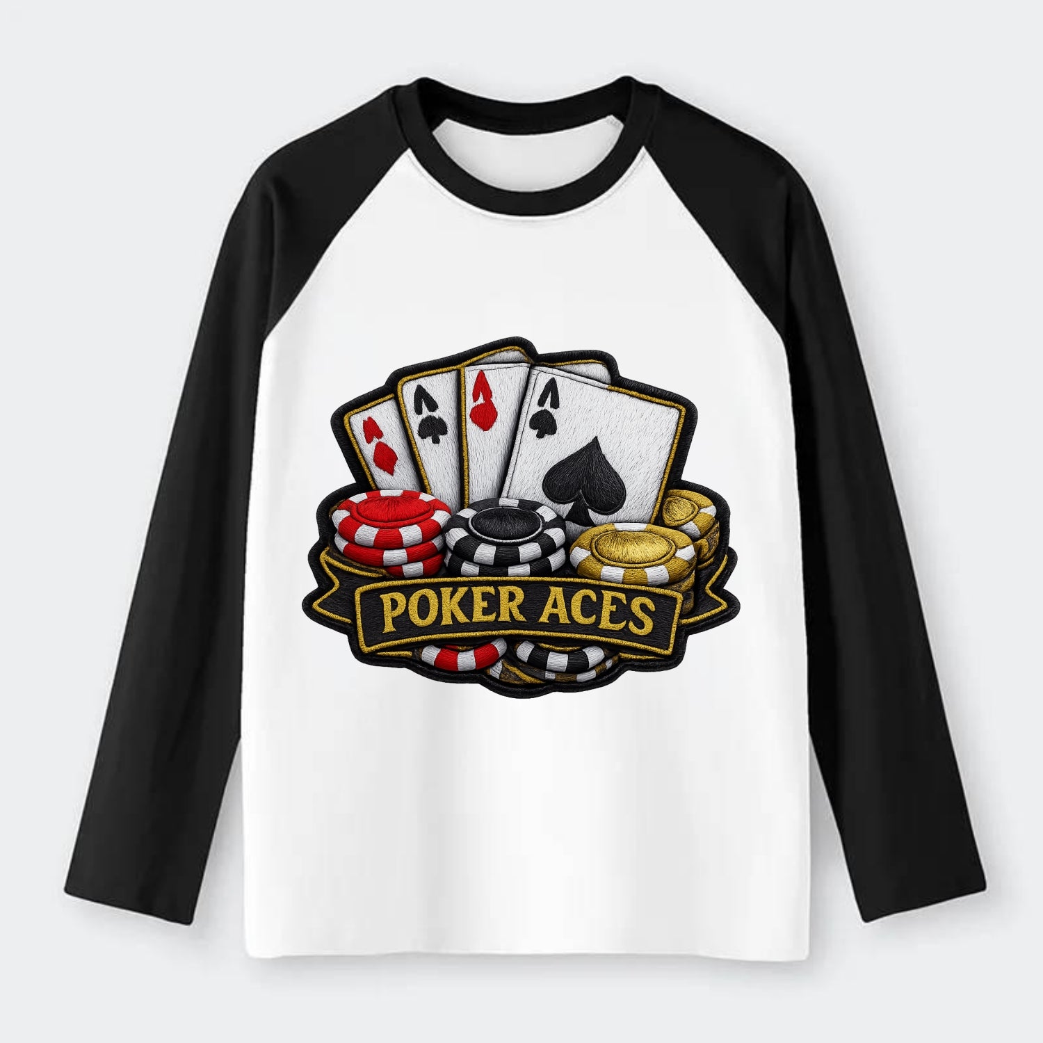 Embroidered patch design - POKER ACES - four aces with chips in red, - Raglan Long Sleeve T-Shirt - Black