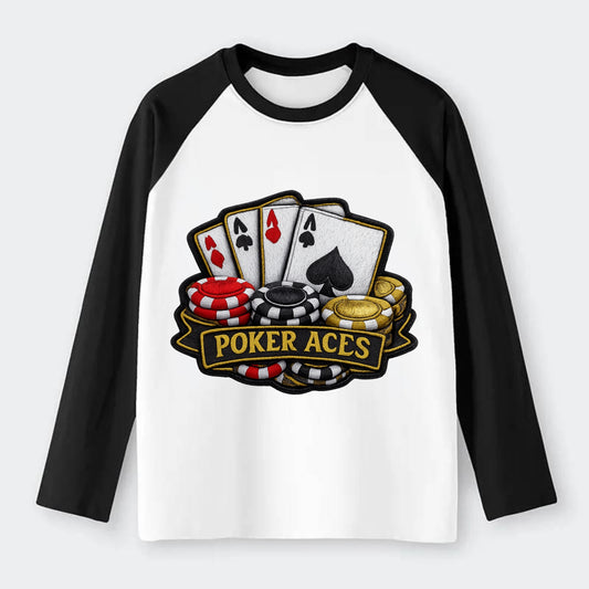 Embroidered patch design - POKER ACES - four aces with chips in red, - Raglan Long Sleeve T-Shirt - Black