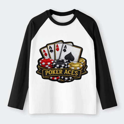 POKER ACES - four aces with chips in red, - Raglan Long Sleeve T-Shirt