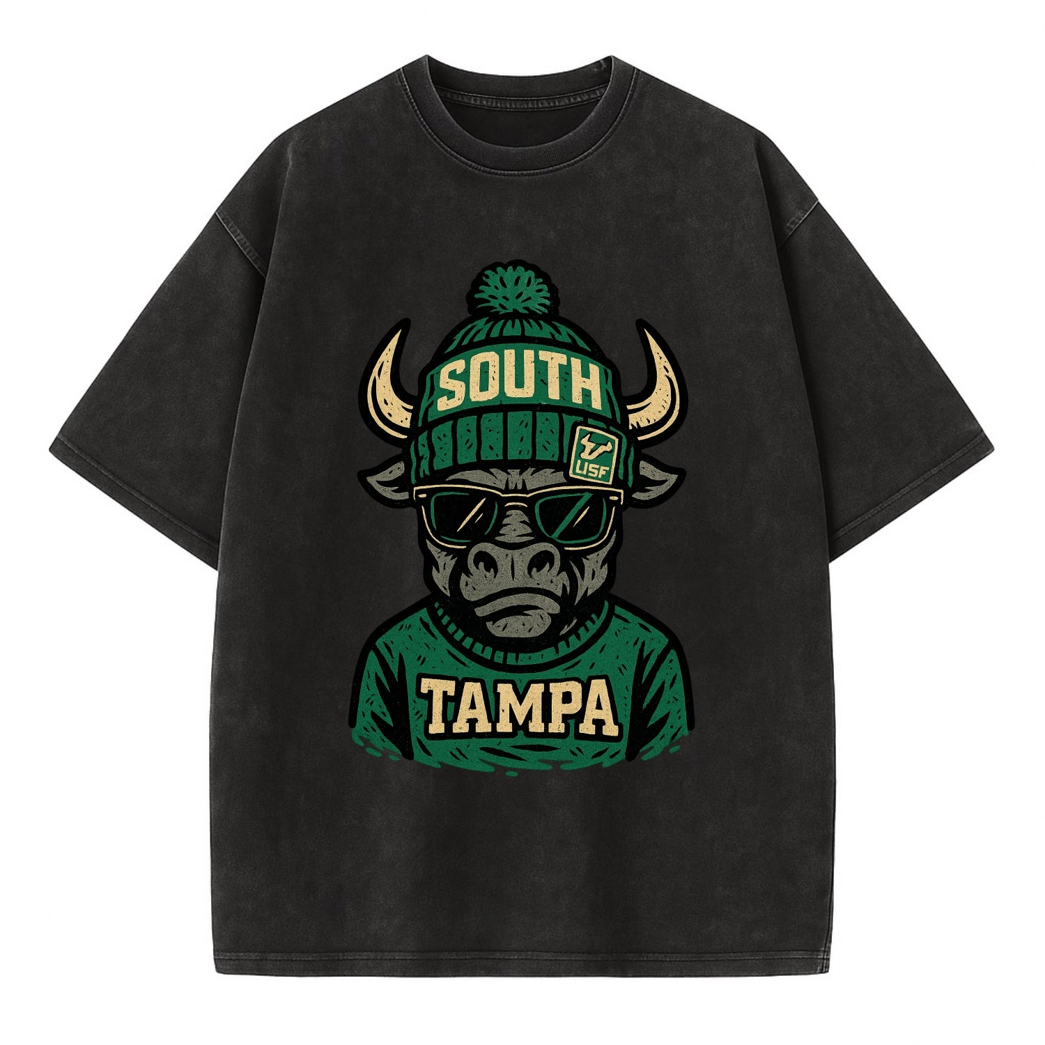 Tampa Bull wearing South Florida beanie with USF patch - Vintage T-shirt - Black