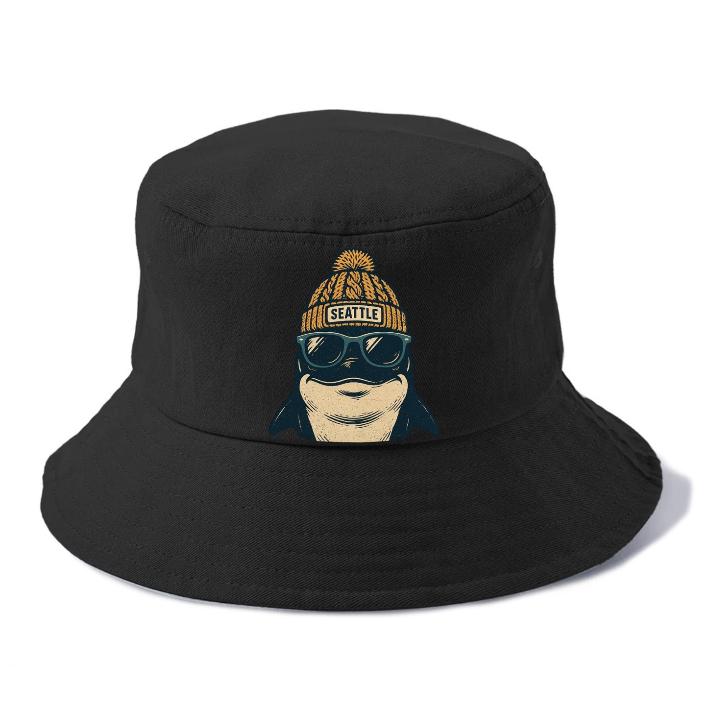 Seattle Orca wearing Seattle beanie with pom pom and wayfarer sunglasses - Bucket Hat - Black