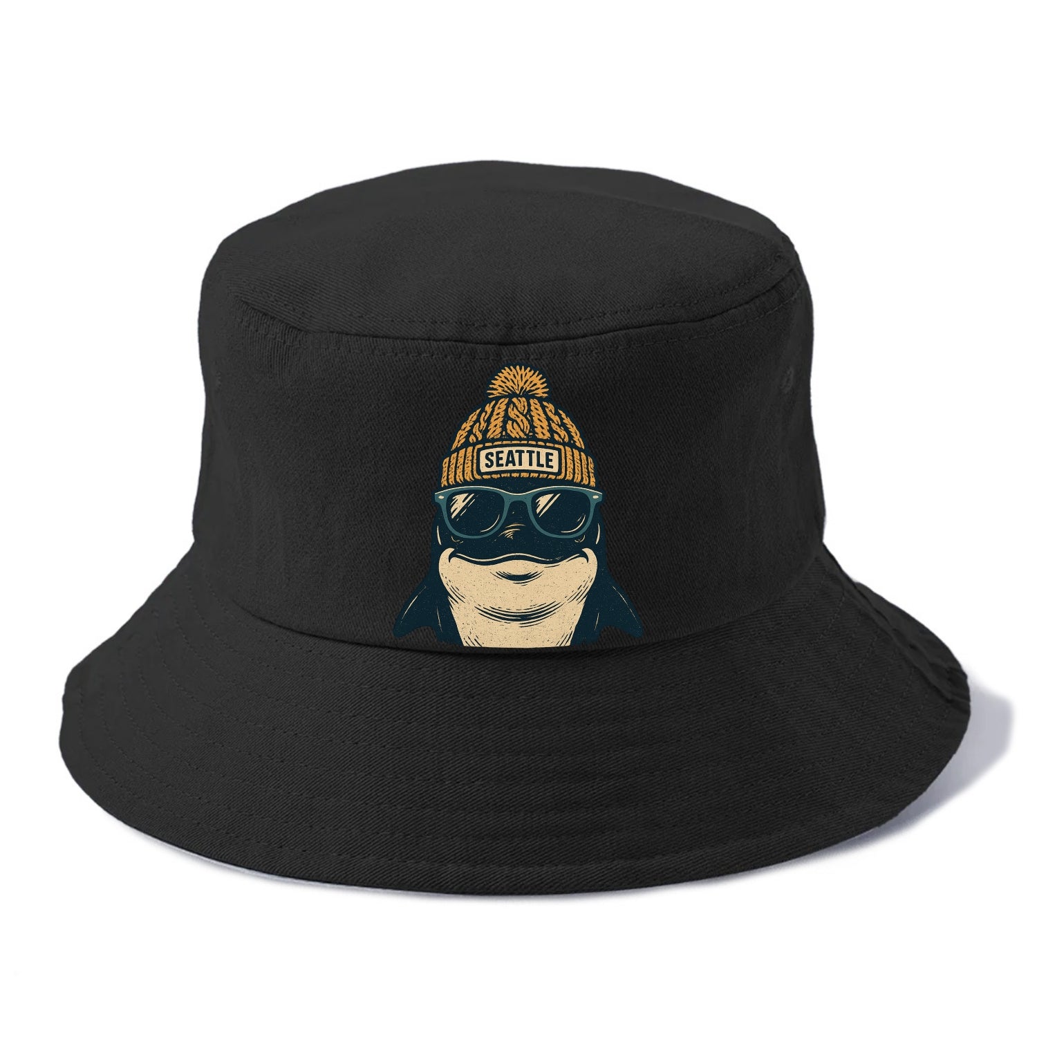 Seattle Orca wearing Seattle beanie with pom pom and wayfarer sunglasses - Bucket Hat - Black