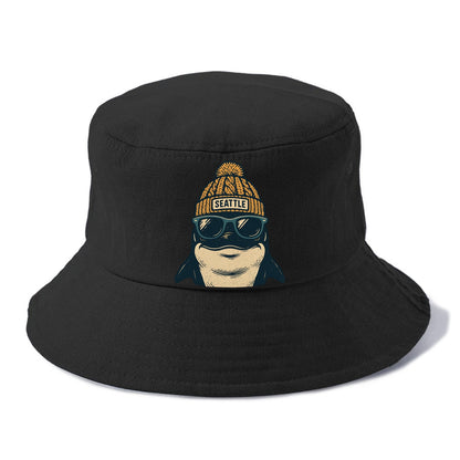 Seattle Orca wearing Seattle beanie with pom pom and wayfarer sunglasses - Bucket Hat - Black