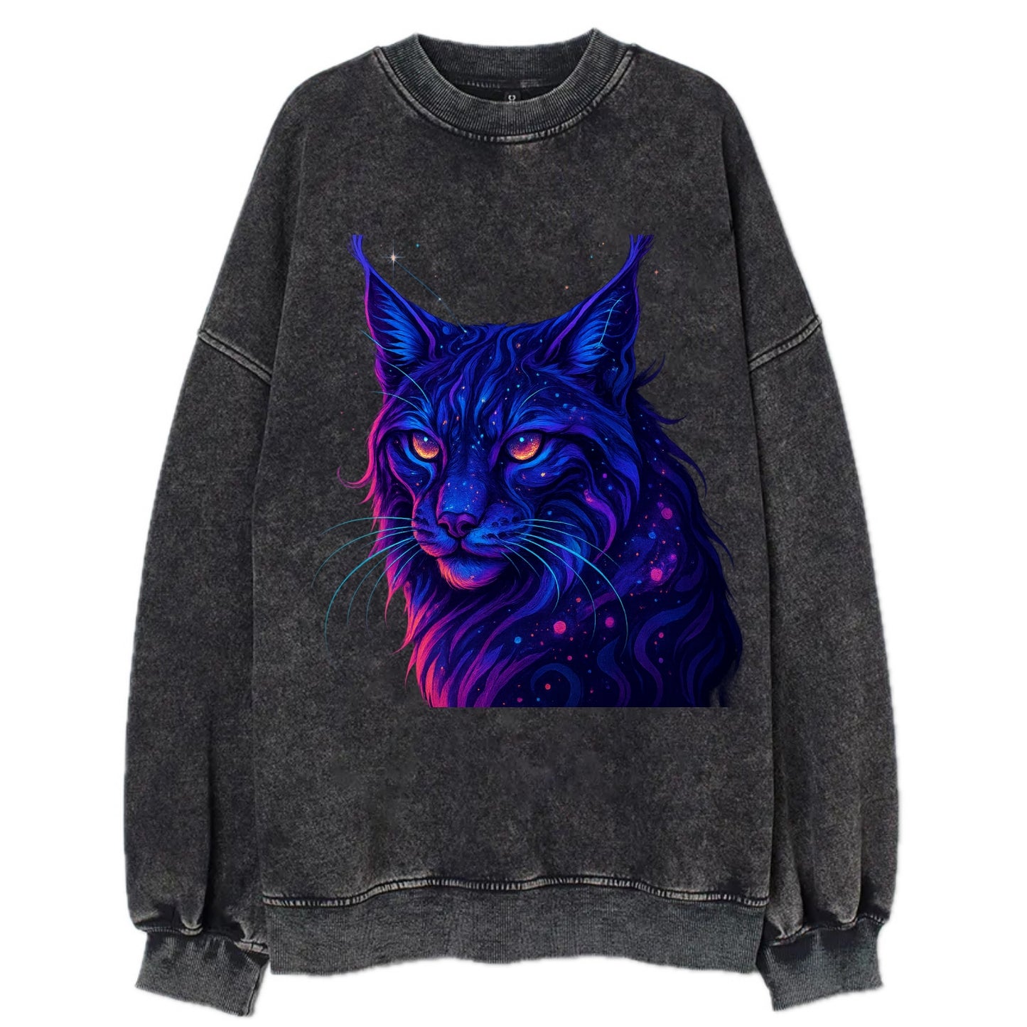 Stealthy lynx with ear tufts forming constellation patterns, nebula spots - Vintage Sweatshirt - Black