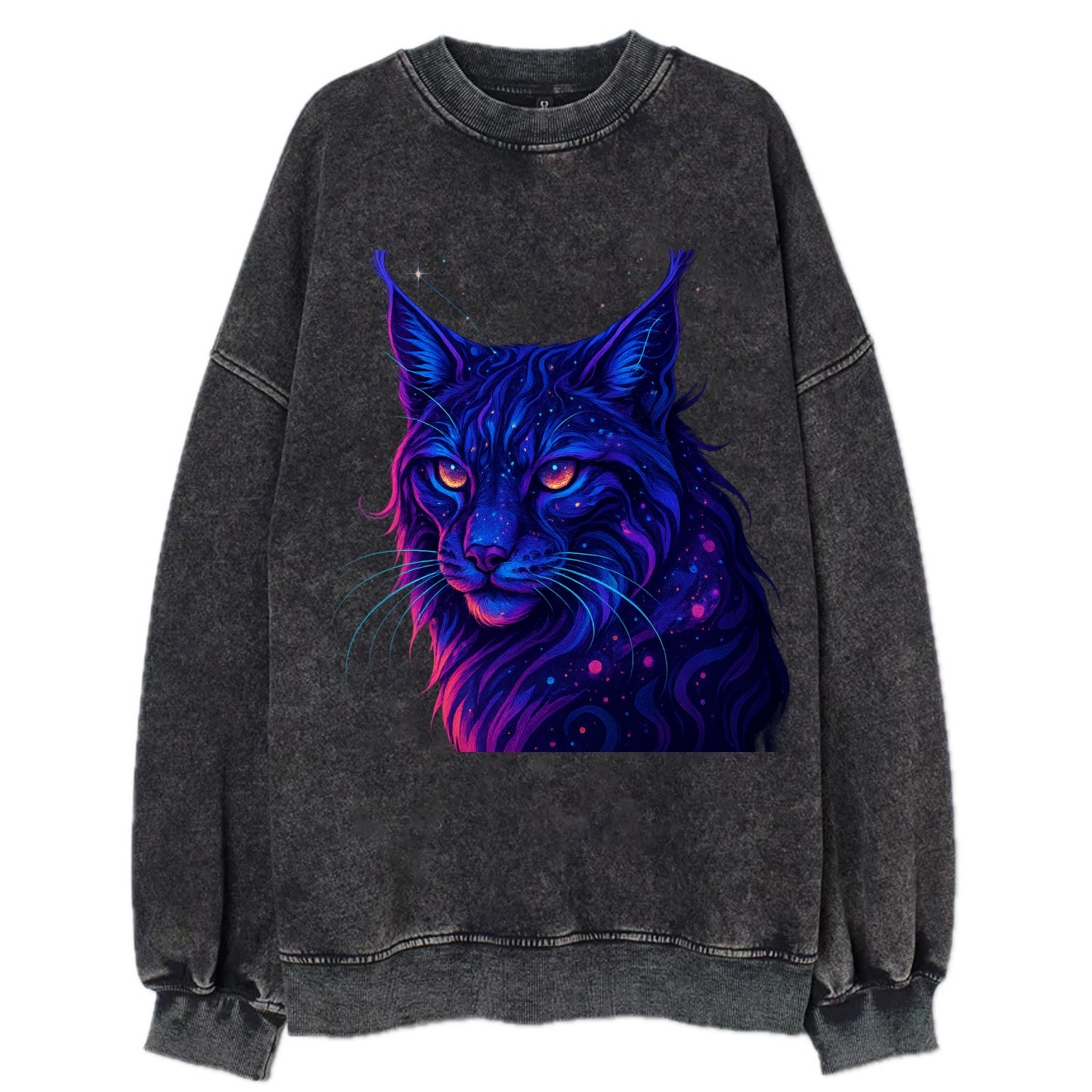 Stealthy lynx with ear tufts forming constellation patterns, nebula spots - Vintage Sweatshirt - Black