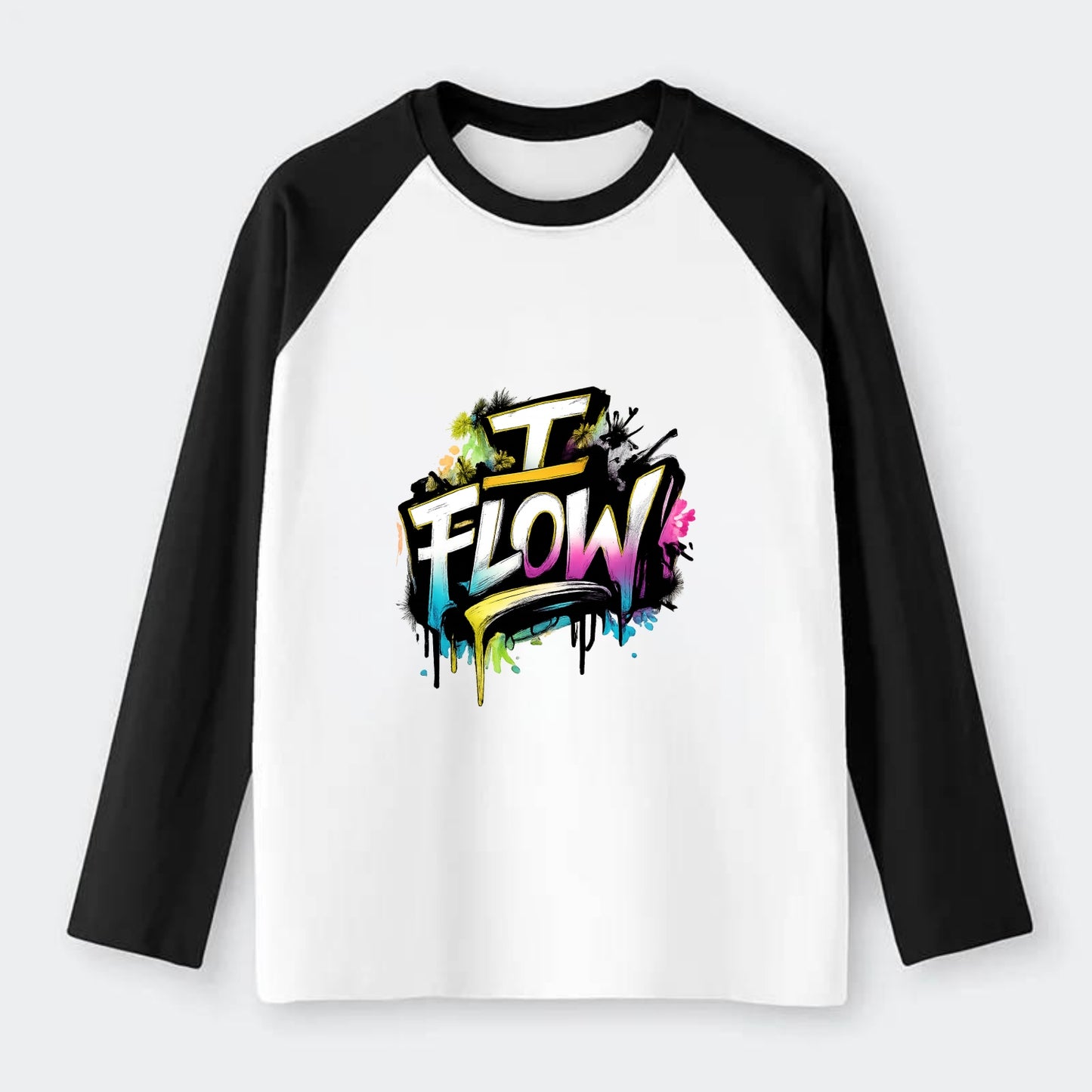 Bold typography design - "I FLOW" - going with life, easy movement - Raglan Long Sleeve T-Shirt - Black