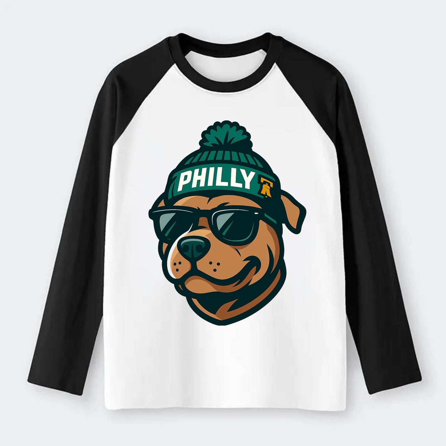 Philly Pitbull wearing Eagles beanie with Liberty Bell patch and - Raglan Long Sleeve T-Shirt - Black