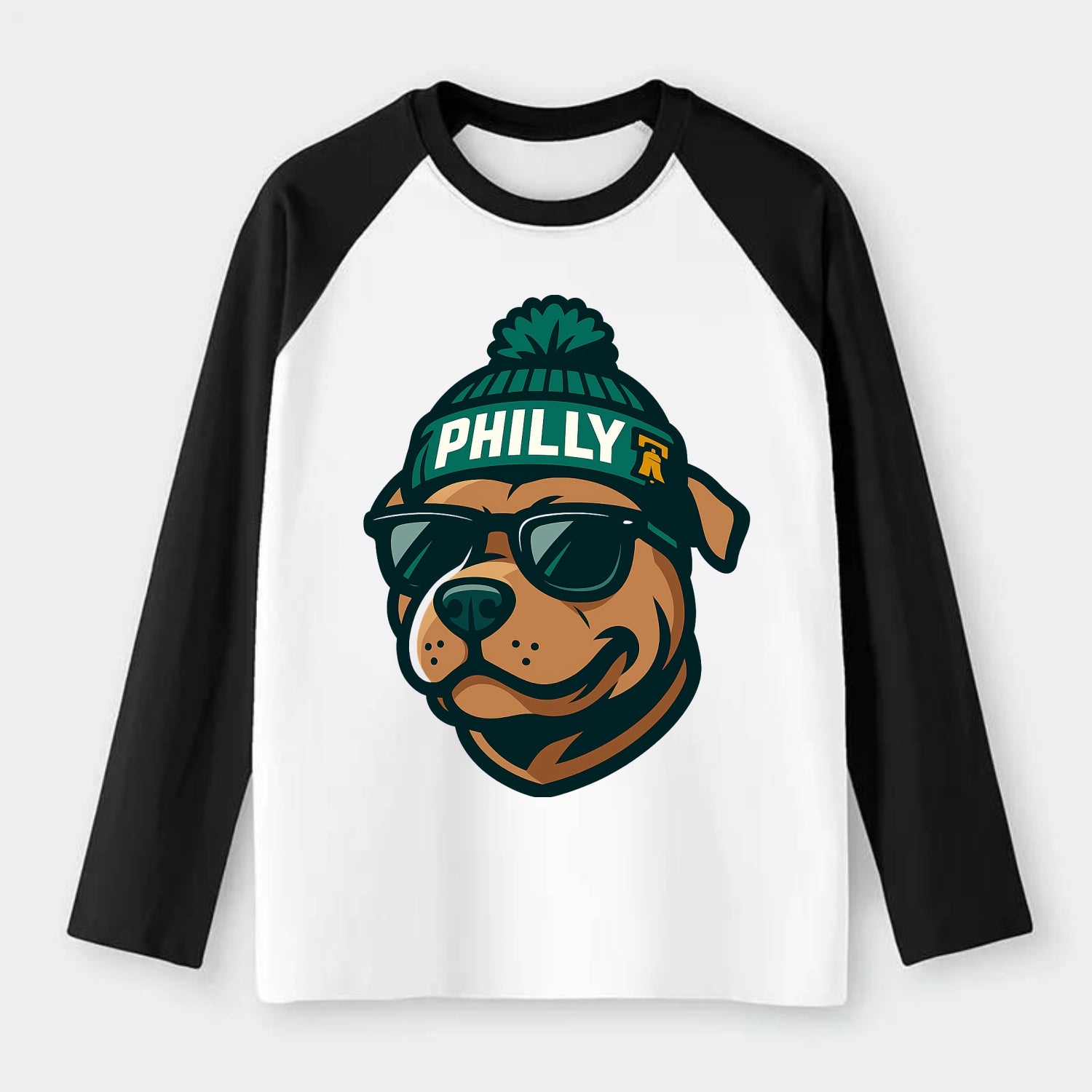 Philly Pitbull wearing Eagles beanie with Liberty Bell patch and - Raglan Long Sleeve T-Shirt - Black