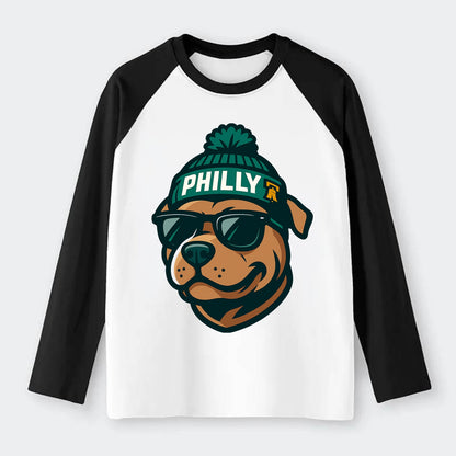 Philly Pitbull wearing Eagles beanie with Liberty Bell patch and - Raglan Long Sleeve T-Shirt - Black