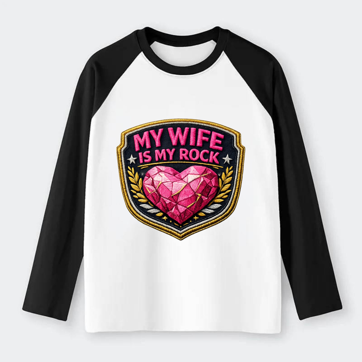 MY WIFE IS MY ROCK - pink rock heart - pink - solid wife - Raglan Long Sleeve T-Shirt - Black