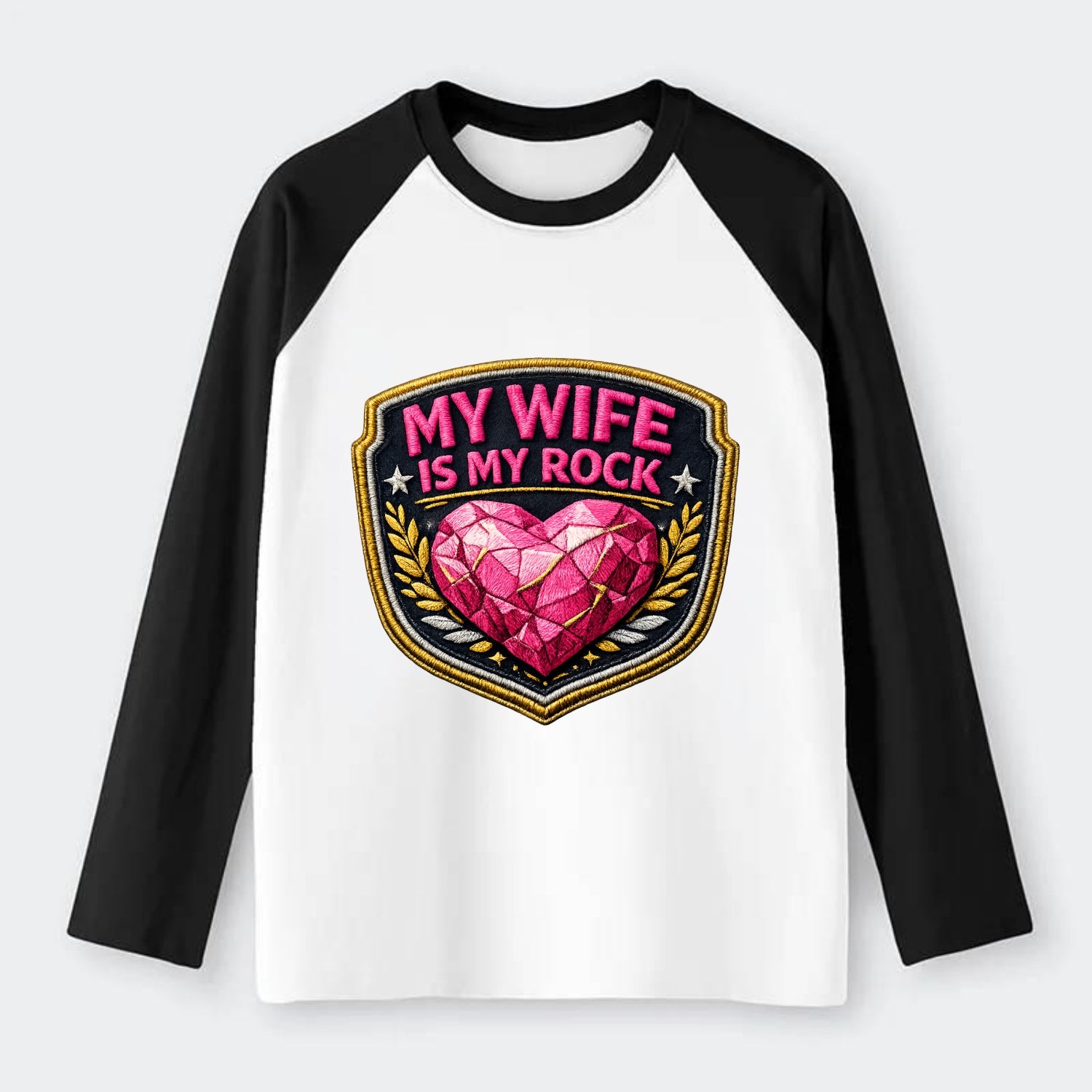 MY WIFE IS MY ROCK - pink rock heart - pink - solid wife - Raglan Long Sleeve T-Shirt - Black