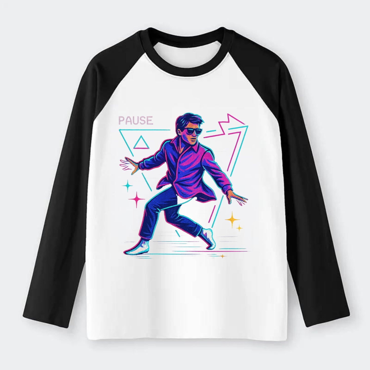 confident figure sliding across polished wooden floor in socks and - Raglan Long Sleeve T-Shirt - Black