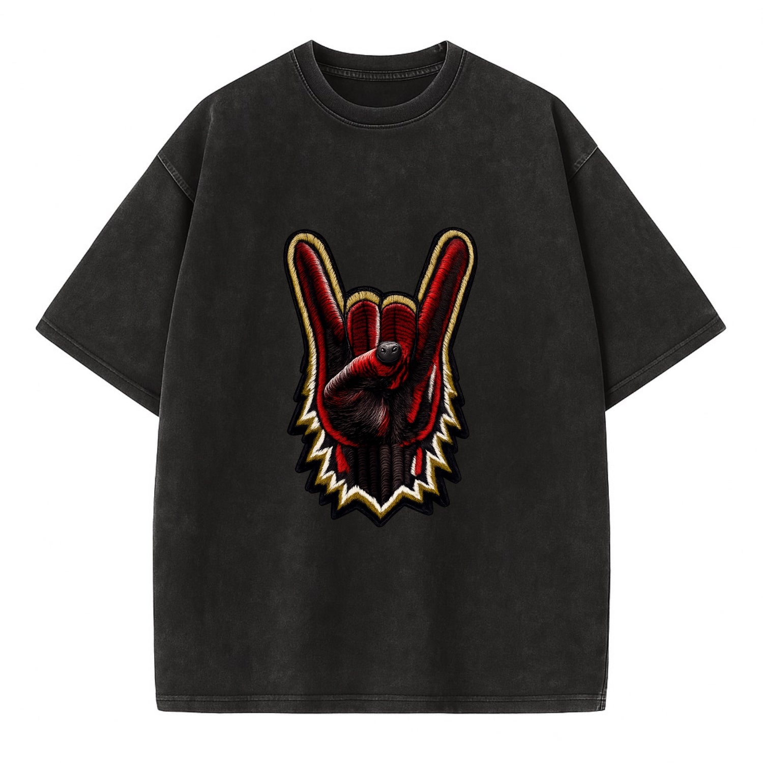 ROCK HAND HORNS - devil horns hand gesture in black and red , metal music - Vintage T-shirt - Black