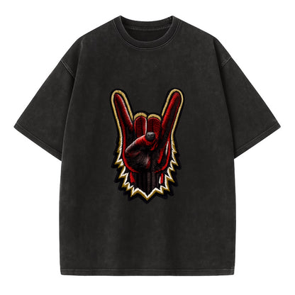 ROCK HAND HORNS - devil horns hand gesture in black and red , metal music - Vintage T-shirt - Black