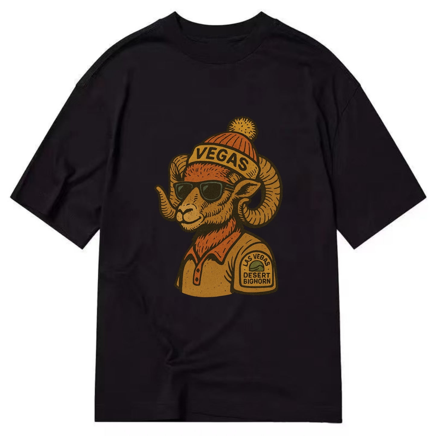 Las Vegas Desert Bighorn wearing Vegas beanie with pom pom and wayfarer sunglasses - Classic T-shirt - Black