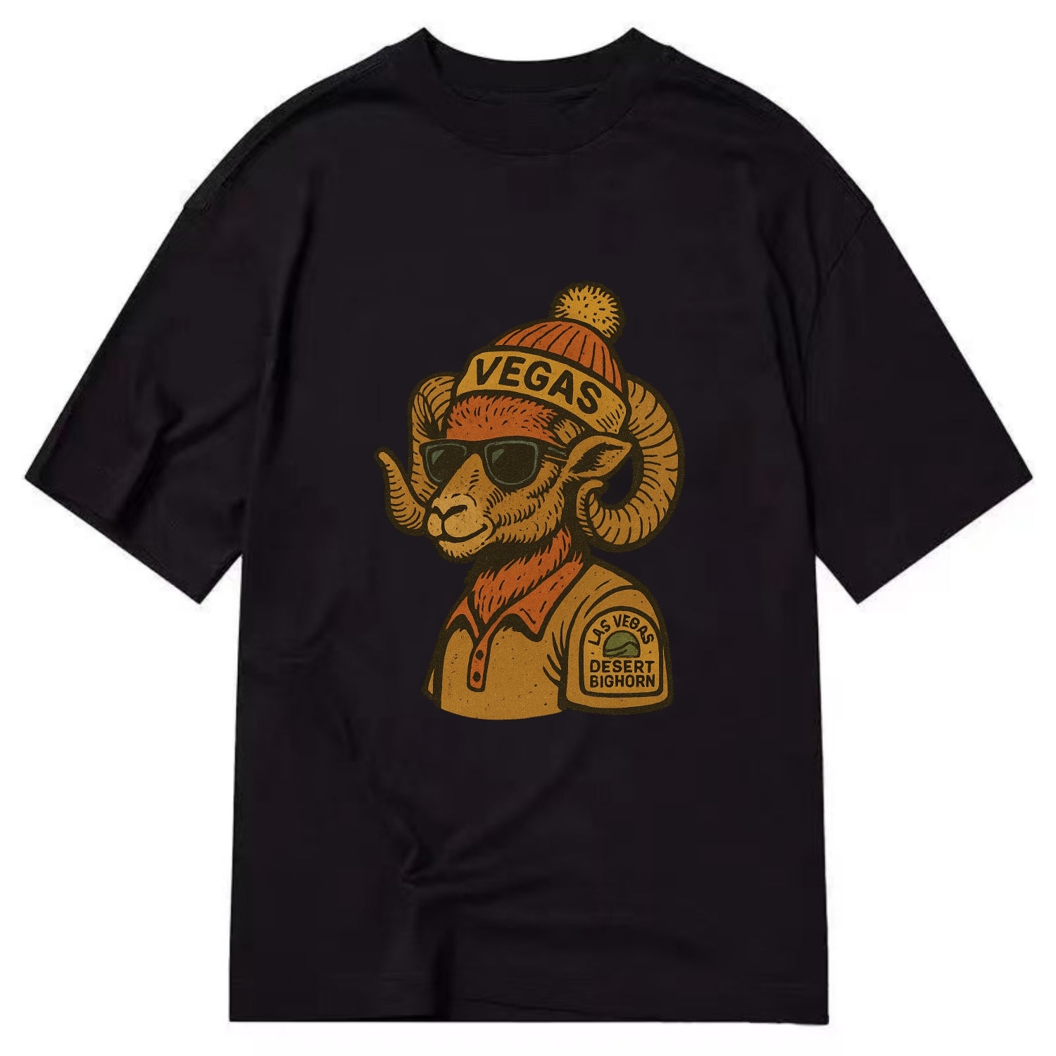 Las Vegas Desert Bighorn wearing Vegas beanie with pom pom and wayfarer sunglasses - Classic T-shirt - Black