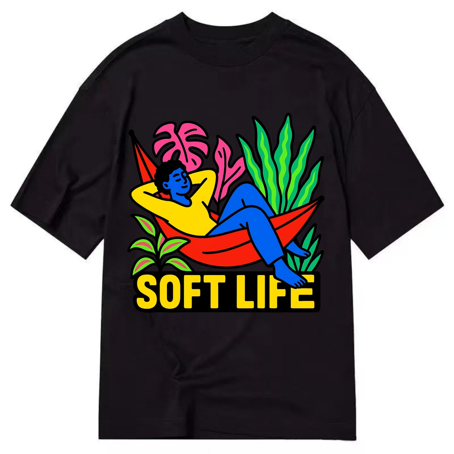Person relaxing in hammock with plants - "soft life" aesthetic, peaceful living - Classic T-shirt - Black