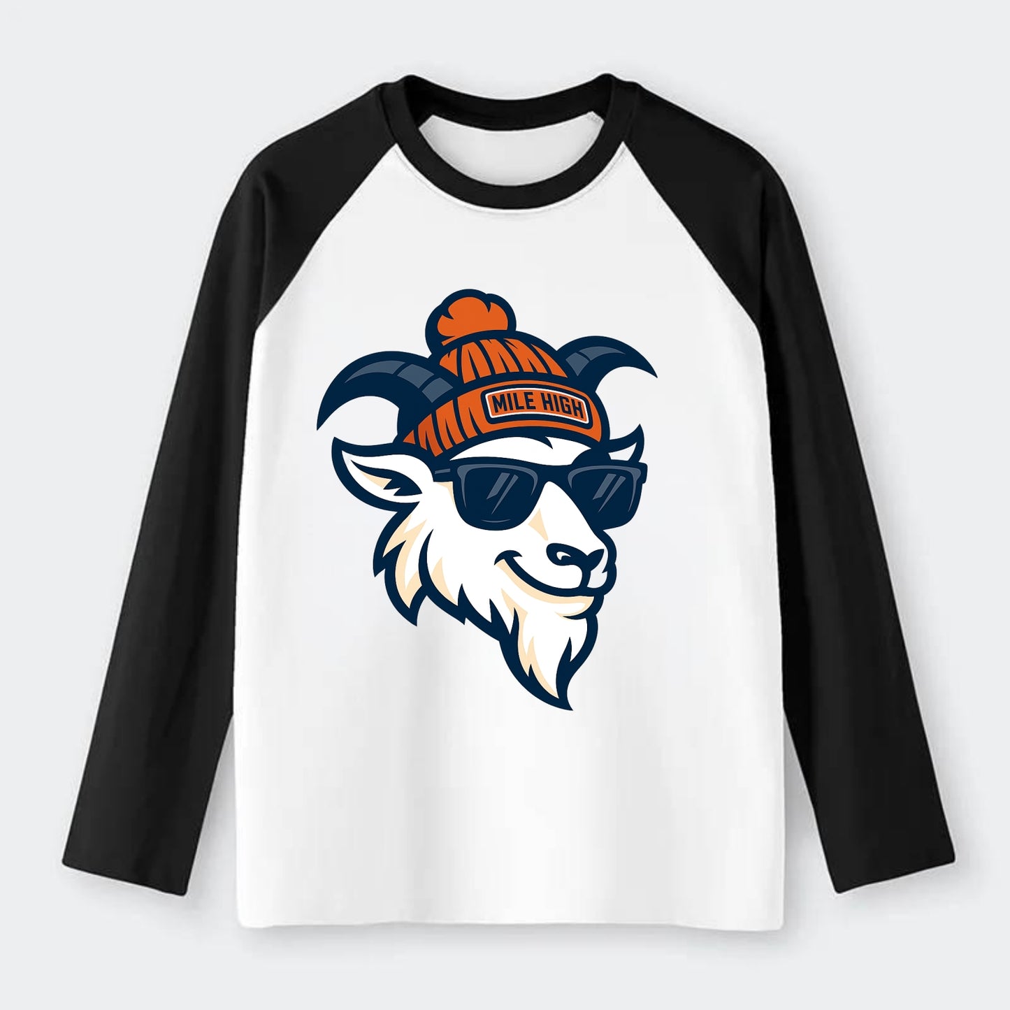 Denver Mountain Goat wearing Broncos beanie with Mile High patch and - Raglan Long Sleeve T-Shirt - Black