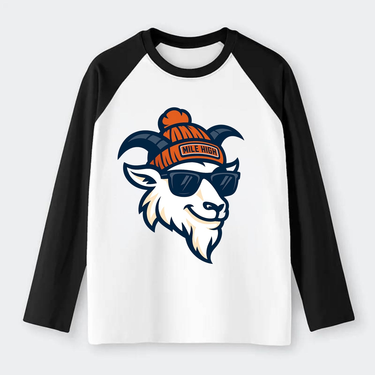 Denver Mountain Goat wearing Broncos beanie with Mile High patch and - Raglan Long Sleeve T-Shirt - Black