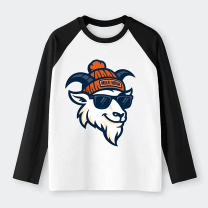Denver Mountain Goat wearing Broncos beanie with Mile High patch and - Raglan Long Sleeve T-Shirt - Black