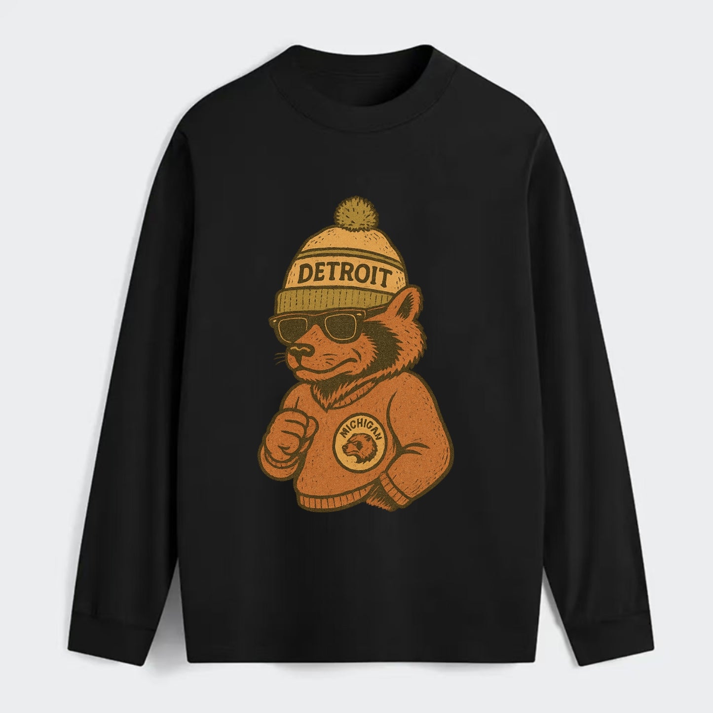Michigan Wolverine wearing Detroit beanie with pom pom and wayfarer - Classic Long Sleeve Shirt - Black