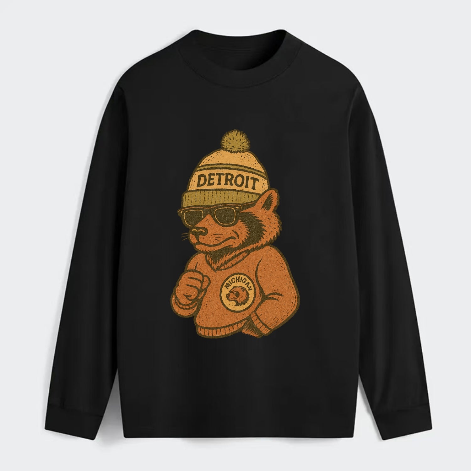 Michigan Wolverine wearing Detroit beanie with pom pom and wayfarer - Classic Long Sleeve Shirt - Black