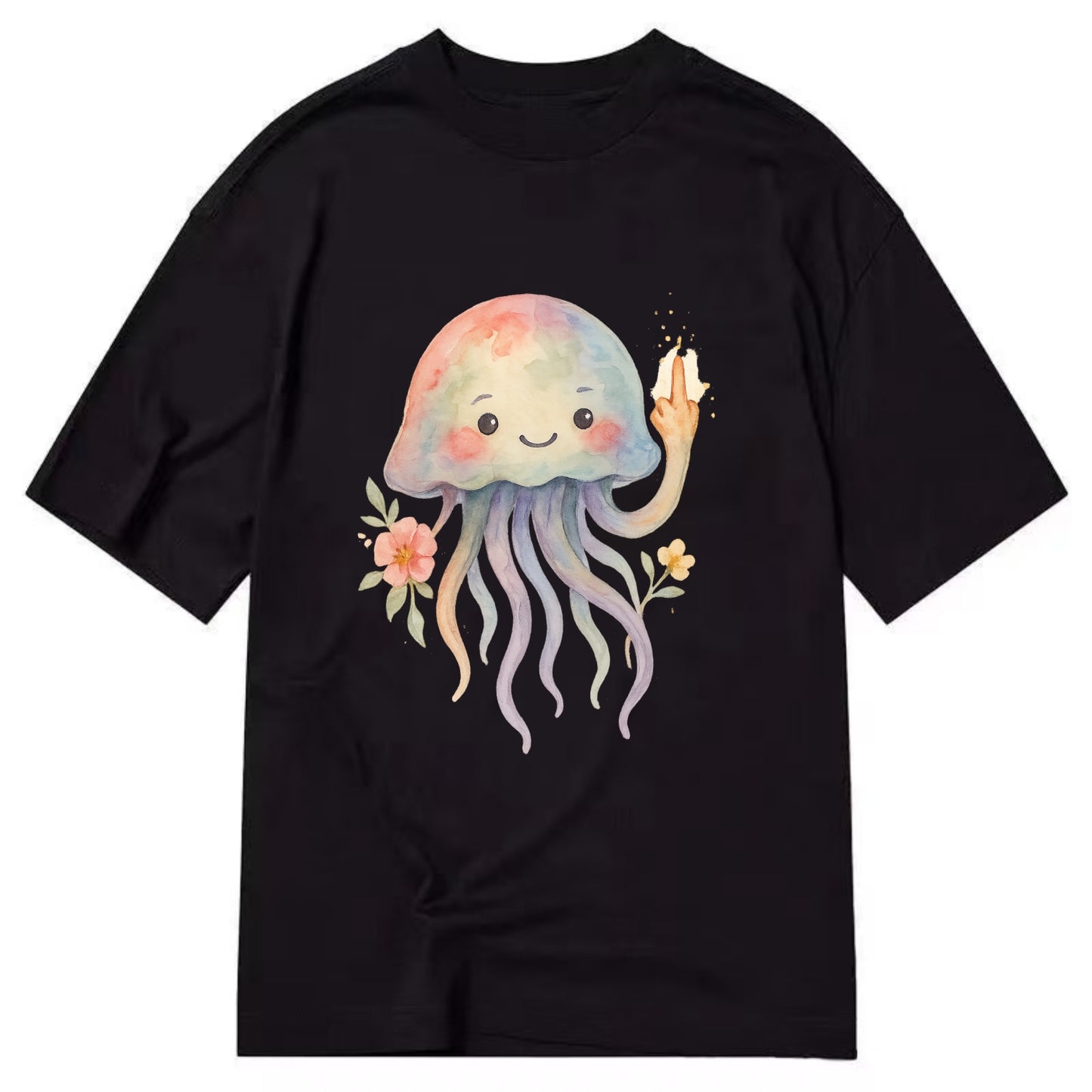 jellyfish with kawaii face and tentacles, one tentacle pointing up defiantly - Classic T-shirt - Black