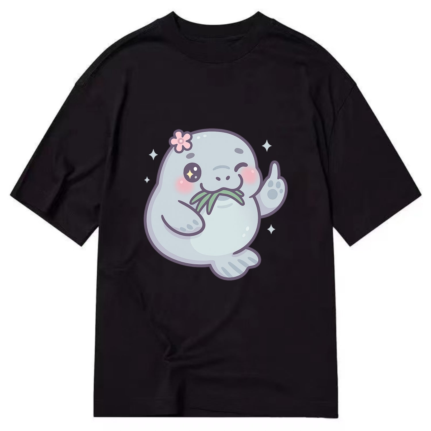 chubby manatee munching on seagrass, one flipper raised with sass - Classic T-shirt - Black