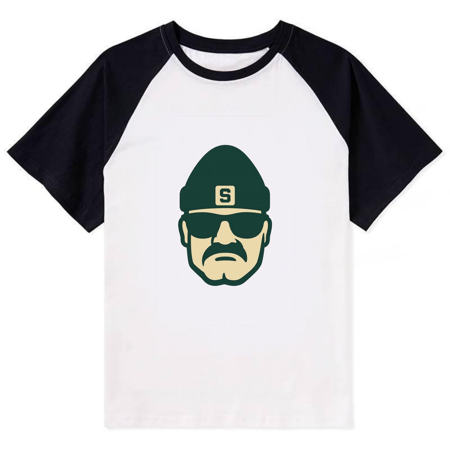 East Lansing Spartan wearing Michigan State beanie with S patch - Contrast Raglan T-shirt - Black