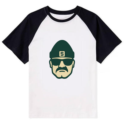 East Lansing Spartan wearing Michigan State beanie with S patch - Contrast Raglan T-shirt - Black