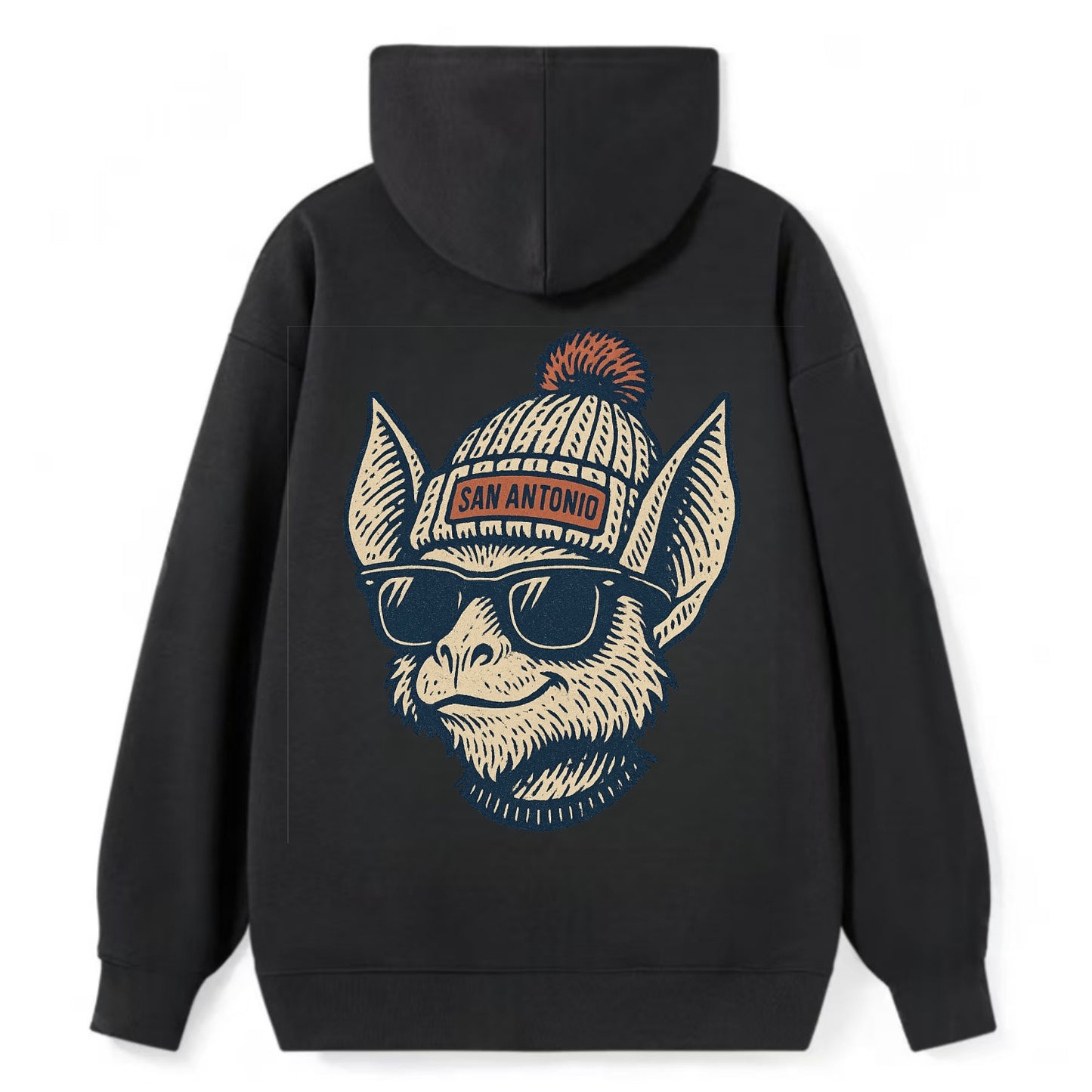 San Antonio Bat wearing San Antonio beanie with pom pom and wayfarer - Classic Pullover Hoodie - Black