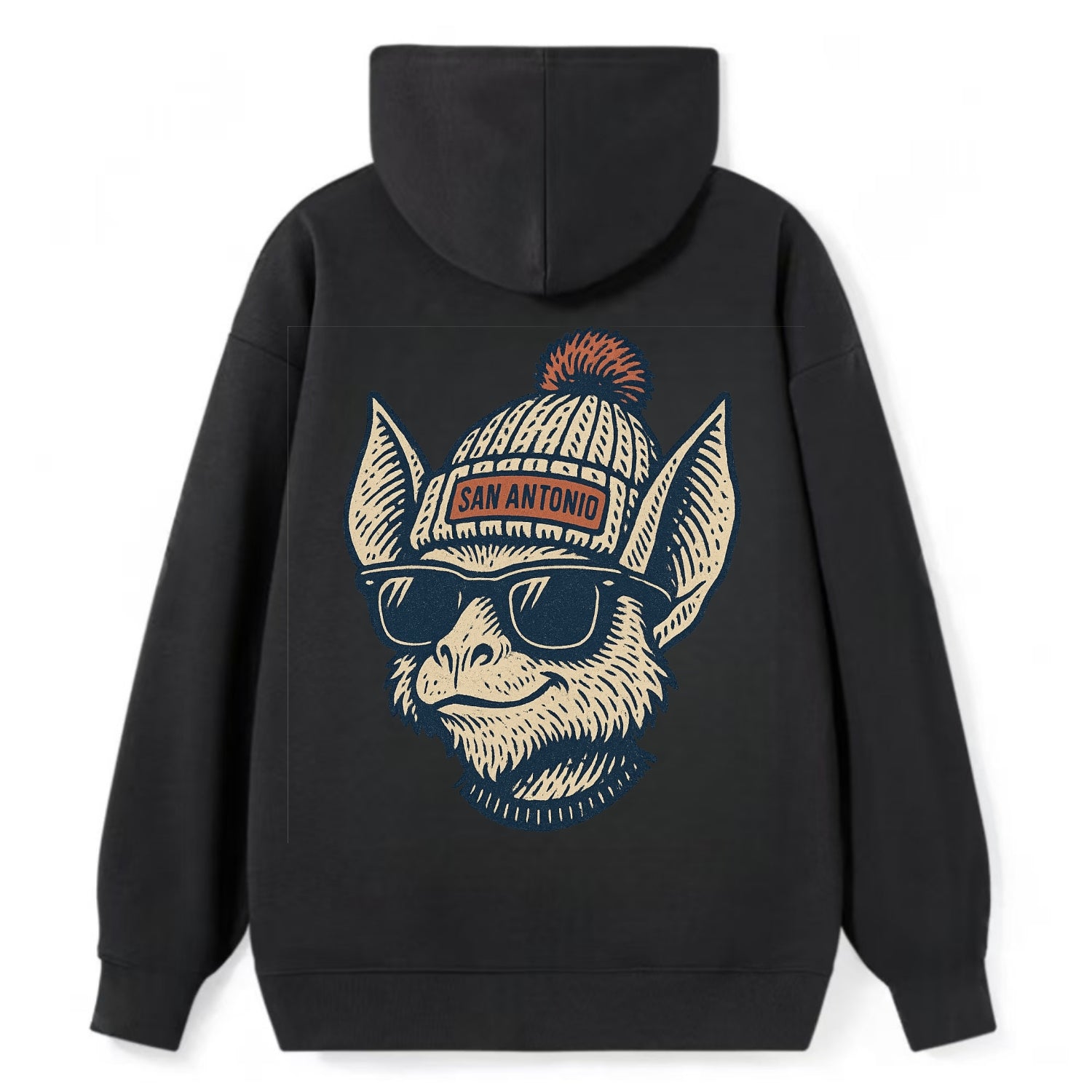 San Antonio Bat wearing San Antonio beanie with pom pom and wayfarer - Classic Pullover Hoodie - Black