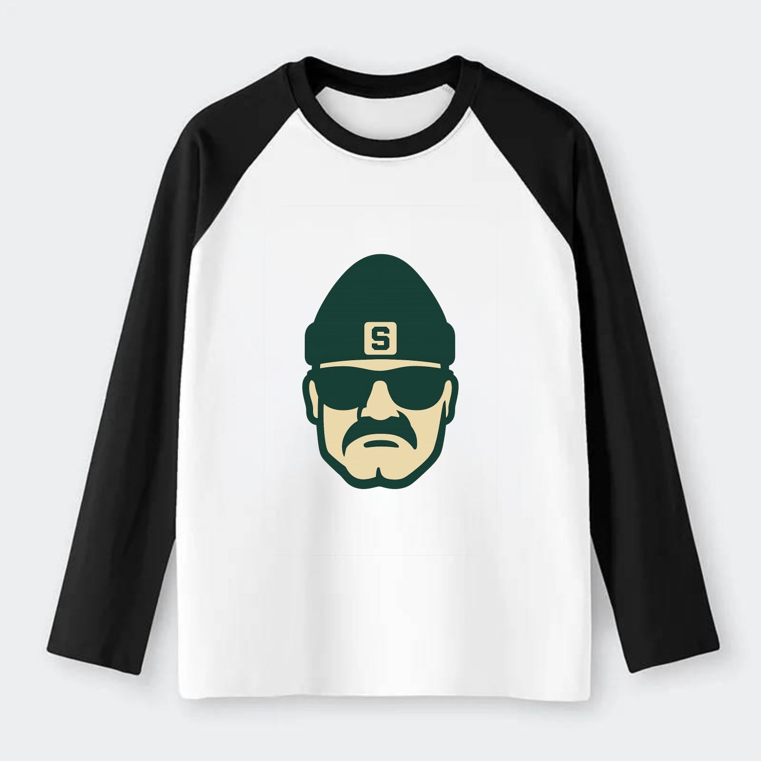 East Lansing Spartan wearing Michigan State beanie with S patch - Raglan Long Sleeve T-Shirt - Black
